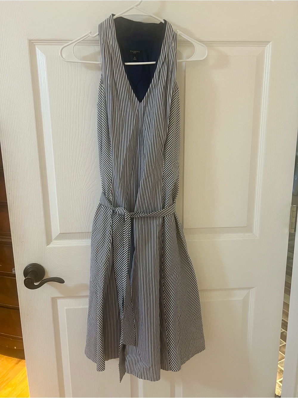 Talbots Navy and White Striped V-Neck Midi Dress with Tie Waist